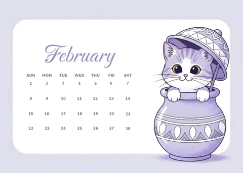 Template di calendario con illustrazione di gatti per il design di febbraio