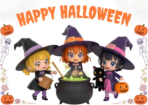 Whimsical Halloween Design Template Featuring Cute Witches and Cauldron for Party Invitations