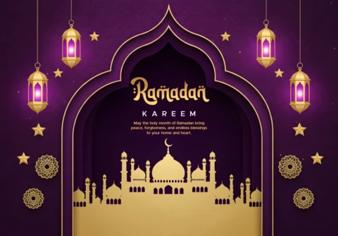 Szablon projektu Ramadan kareem na świąteczne kartki z lampionami i sylwetką meczetu