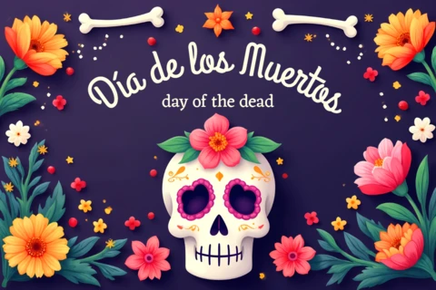 Colorful Día De Los Muertos Design Template for Posters Featuring Floral Skull Elements