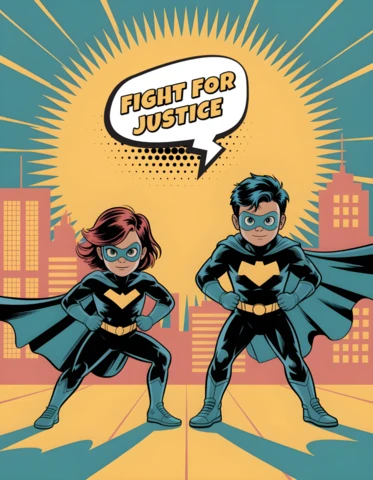 Lucha por la justicia, dúo de superhéroes de dibujos animados con diseño de cartel de horizonte de la ciudad y estallido de sol.