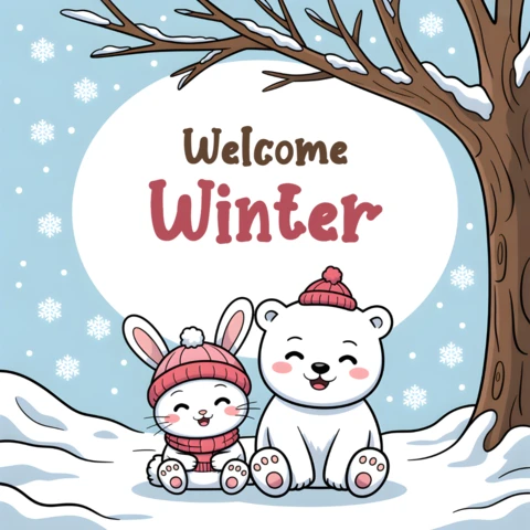 Winter Themed Design Template with Cute Animal Characters for Greeting Cards