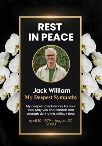 Affiche funéraire élégante noire avec photo, bordure dorée et message de condoléances reposent en paix modèle de conception