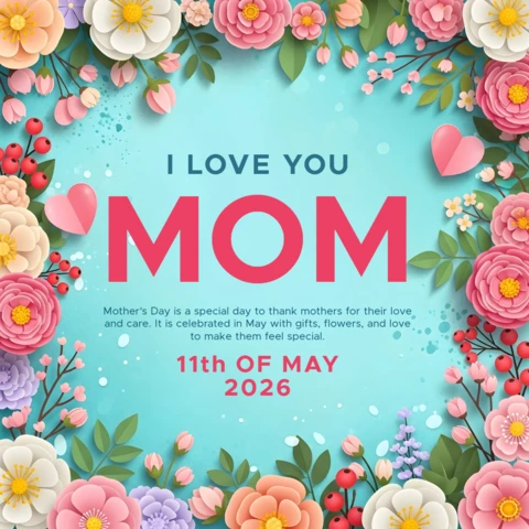 Floral Mother's Day Greeting Card Template with Love You Mom Design