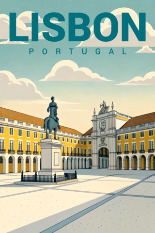 Commerce Square of Lisbon Portugal Illustration Template for Retro Flat Travel Posters