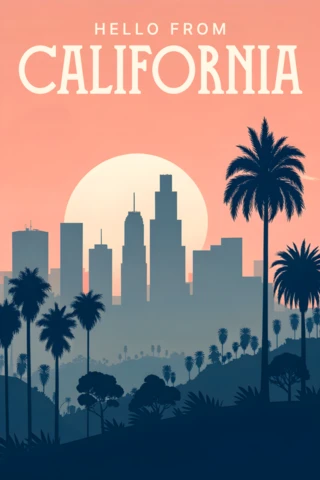 カリフォルニアの夕日デザインのレトロフラットポストカードテンプレート