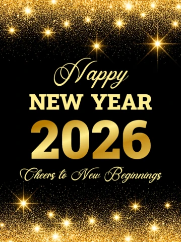 Elegancki szablon zaproszenia na przyjęcie noworoczne 2026 z błyszczącym złotym wzorem.