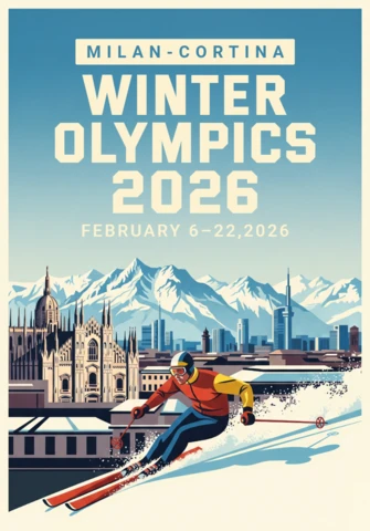 Сценический постер зимних Олимпийских игр – Милан-Кортіна 2026 с лыжником, собором и горным горизонтом