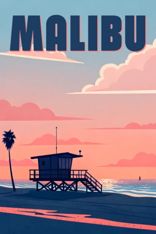 Malibu Beach House in The Sunset for Retro Flat Posters and Postcards Template