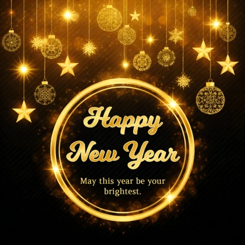 Elegant New Year Greeting Card Template with Gold Ornaments and Stars Design