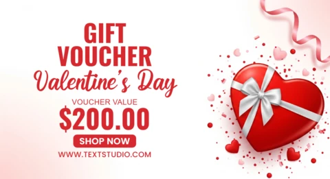 Modèle de bon cadeau pour la Saint-Valentin avec une boîte en forme de cœur rouge, un ruban et des cœurs décoratifs pour les promotions.