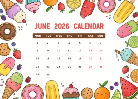 June 2026 Monthly Calendar with Cute Ice Cream, Donuts and Sweet Treat Illustrations