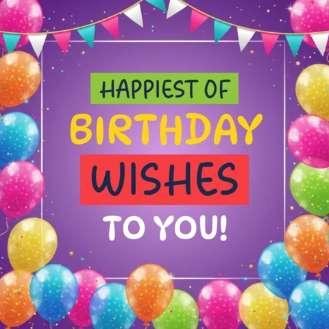 Póster de felicitación de cumpleaños con fondo morado, globos, confeti, estrellas y el mensaje de feliz cumpleaños más festivo.