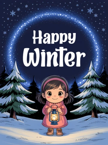 Template de design de inverno feliz com menina fofa segurando lanterna para cartões de saudação de feriado.