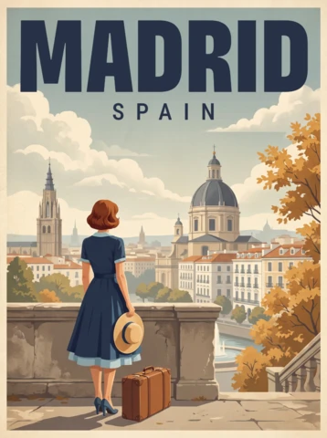 Madrid Retro Vintage Landmark Poster Spain Scenic Terrace Woman Suitcase Autumn Trees Historic Skyline Nostalgic Wall Art Print