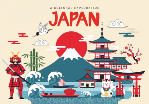 Erkunde das Japan-Kultur-Poster mit dem Mount Fuji, Samurai, Torii-Tor und Kranich in einer lebendigen illustrierten Landschaft.