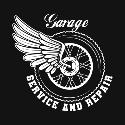 Roda de motocicleta com asas em modelo de design de camiseta monocromática vintage