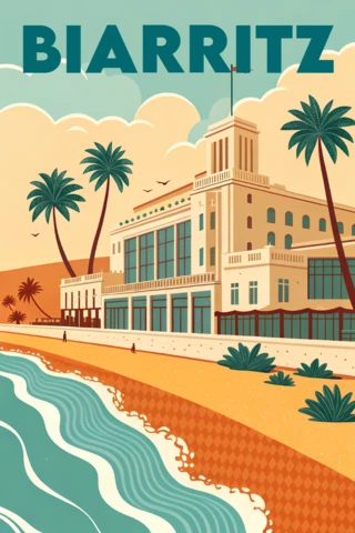 Biarritz Grande Plage Vintage Illustration for Wall Art and Merchandising Template