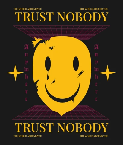 Faites confiance à personne, design graphique avec un smiley pour la vente de t-shirts.