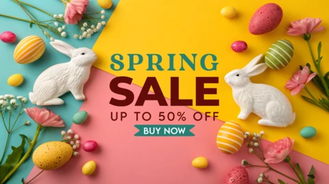Modelo de design de promoção de primavera: tema floral colorido e de coelhinhos para promoções