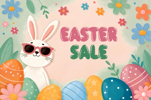 Plantilla de diseño de venta de Pascua caprichosa con lindo conejito y huevos de colores