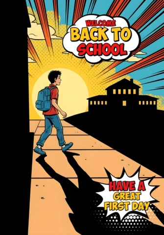 Volta às aulas, estudante caminhando em direção à escola com fundo de nascer do sol e mochila vermelha, modelo de cartaz.