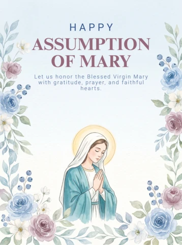 Assumption of Mary Spiritual Poster Virgin Halo Radiant Glow Blue White Robe Prayer Floral Sacred Celebration Design Template