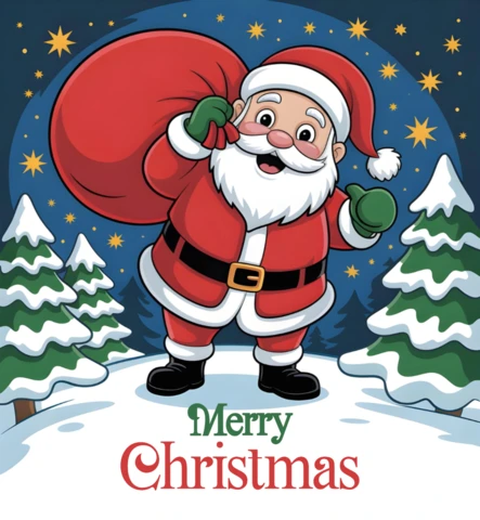 Festive Christmas Illustration Santa in Red Suit Holding Sack of Presents in Snow-Covered Forest Design Template