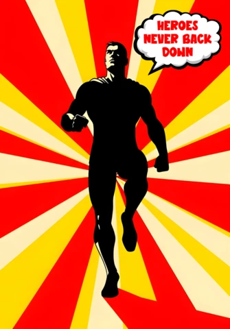 Heroes Never Back Down Running Superhero Silhouette with Radiant Burst Poster Design Template