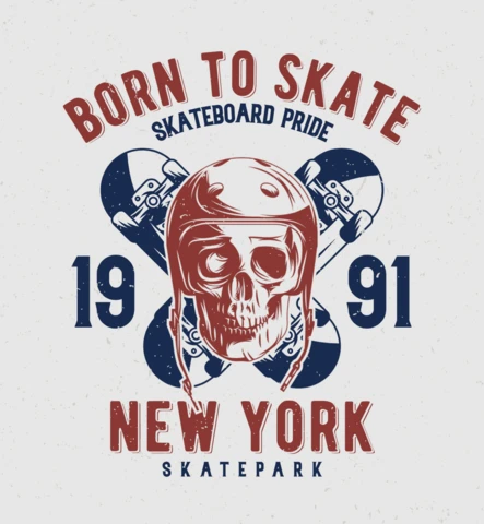 Schädel in skateboard helm und zwei skateboards t-shirt design vorlage