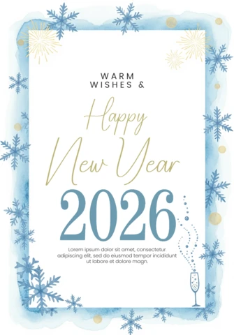 Szczęśliwego nowego roku 2026, kartka z życzeniami z konfetti płatków śniegu, bąbelkami szampana i wiadomością o świętowaniu