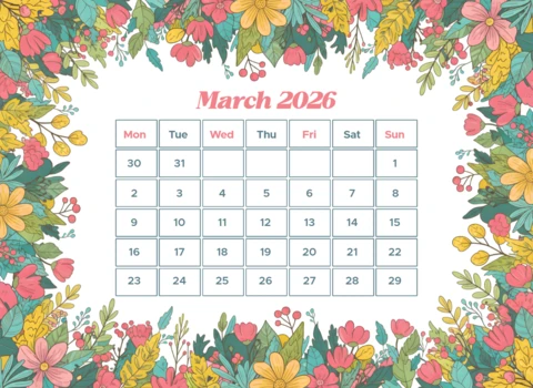 March 2026 Wall Calendar Poster with Blossoms, Green Leaves, and Decorative Style