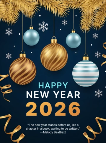 New Year 2026 Greeting Card Design with Festive Ornaments and Snowflakes