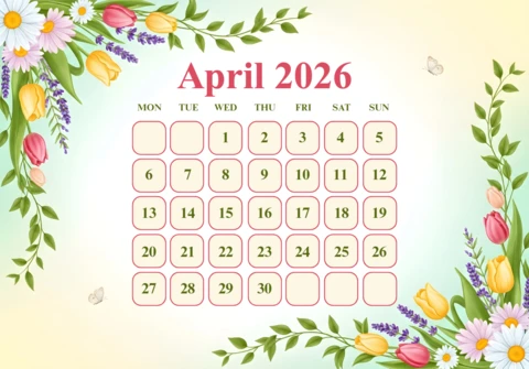 April 2026 Calendar Poster — Tulips, Daisies, Lavender, Butterflies, and Decorative Floral Theme