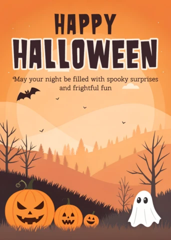Template de design assustador de Halloween para cartões de saudação festivos com abóboras e fantasmas.