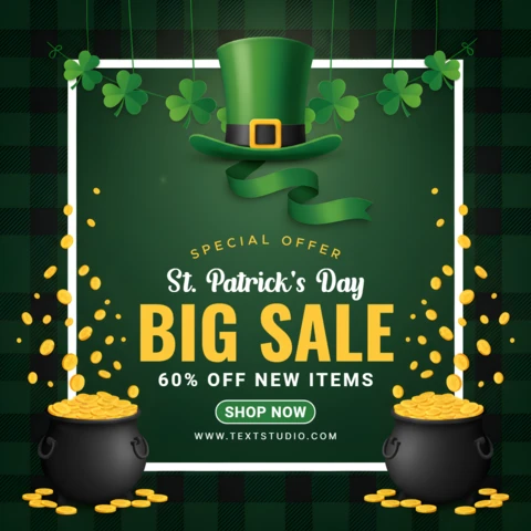 Saint Patrick’s Day Sale Poster Design Template with Shamrocks, Leprechaun Hat, and Pots of Gold