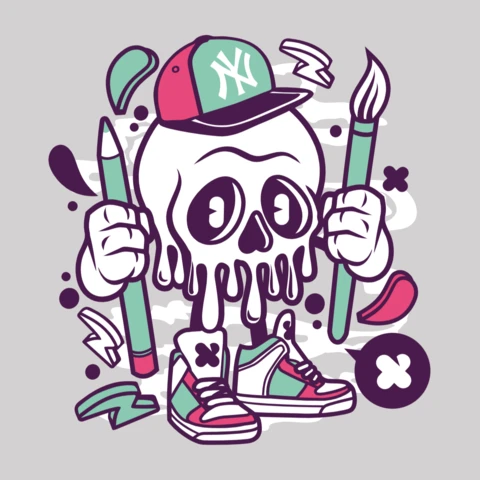 Skull Artist Cartoon Character T-Shirt Design Template