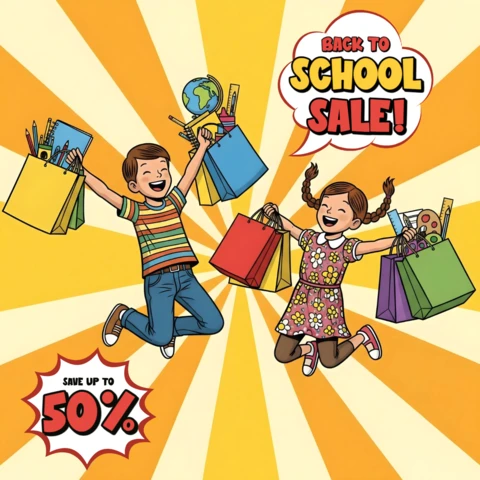 Vente de rentrée scolaire style bande dessinée enfants sautant avec fournitures scolaires et modèle de design de bannière d'explosion -50% pour flyers promotionnels