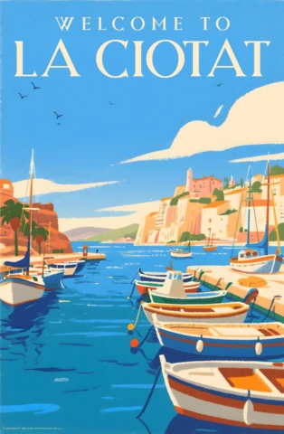 Modelo de design costeiro vintage para cartazes de viagem apresentando La Ciotat e barcos cênicos.