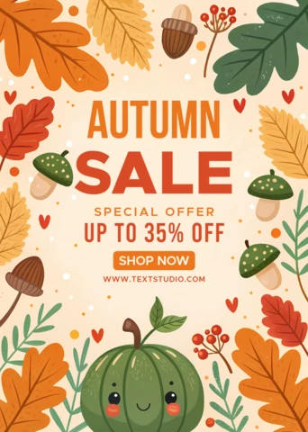 Autumn Sale Kawaii Design with Colorful Leaves and Mushrooms for Promotional Posters
