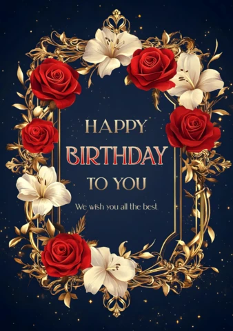 Art-Deco Floral Birthday Card Template with Red Roses and Lilies