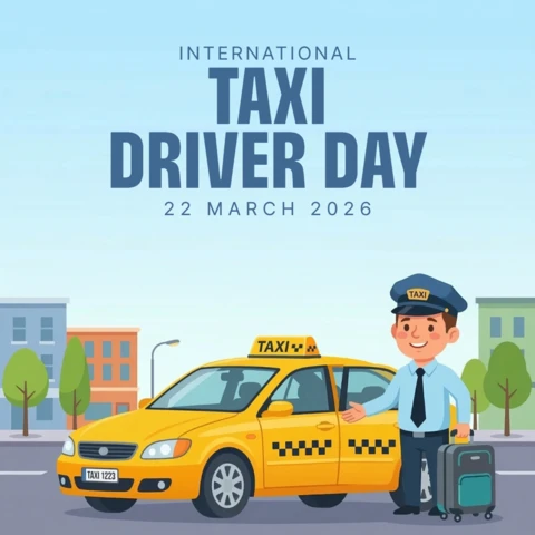 International Taxi Driver Day 2026 Poster Smiling Driver Holding Suitcase Beside Classic Yellow Cab Illustration