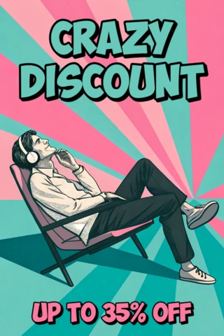 Modèle de design rétro pour des affiches promotionnelles mettant en avant un auditeur de musique détendu.