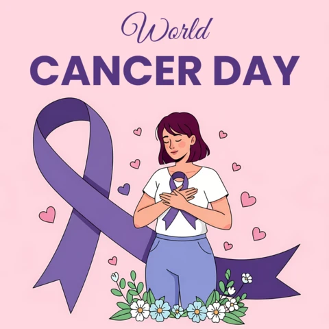 World Cancer Day Awareness Template with Purple Ribbon Design for Greeting Cards