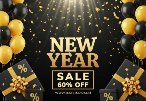 New Year Shopping Poster 2026 Super Sale Design with Balloons, Confetti, and Elegant Celebration Spark