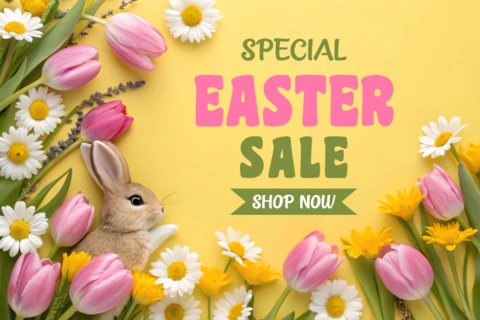 Primavera floral plantilla de diseño de venta de Pascua con el conejito lindo y flores de colores