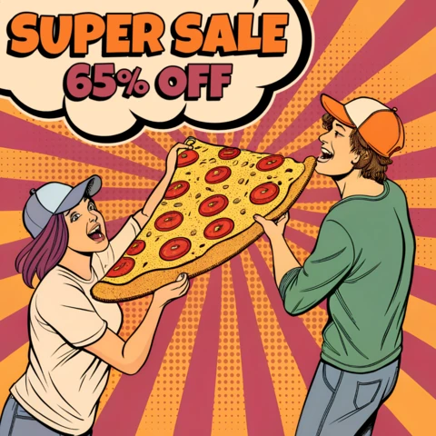 Volantino per la vendita di pizza in stile pop art con tipografia audace e stile retrò