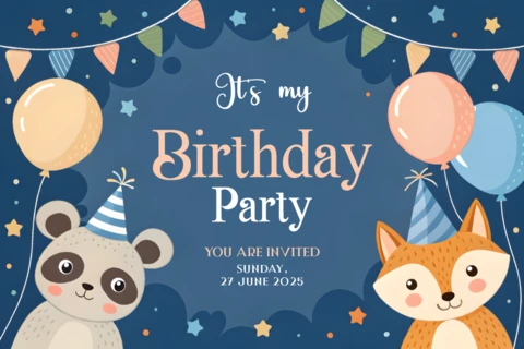 Cute Childish Animals Birthday Party Invitation Template Design