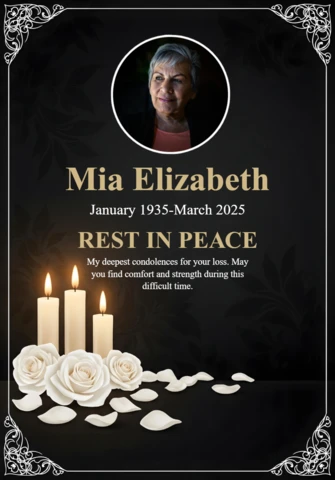 Póster de funeral elegante en negro con foto, esquinas florales blancas y diseño de simpatía con luz de vela, descanse en paz.