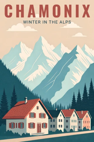 Chamonix Winter in The Alps Vintage Travel Poster Design Template